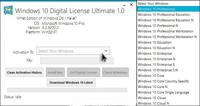 Windows 10 Digital License Ultimate 1.5, Activar cualquier producto de Windows 10 con licencia digital